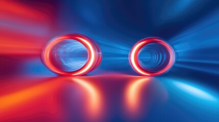 Poster - Surreal sci-fi wormhole effect with glowing neon rings, infinite reflections, and a futuristic abstract depth with copy space.