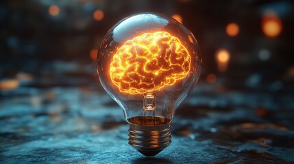 Poster - Light bulb with a glowing brain illustration representing creative thinking and innovative ideas