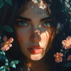Poster - Showcase secret garden filled with vibrant flora and a beautiful woman with expressive eyes rendered in a photorealistic style with dramatic light oil on canvas texture and perfect pupils