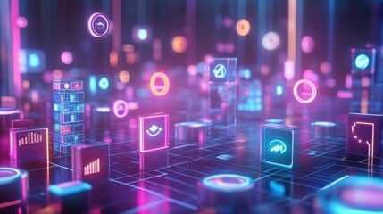 Poster - a vibrant digital landscape filled with glowing icons representing data analytics and technology.