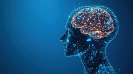 Poster - Human head with glowing brain illustration representing intelligence and cognitive function