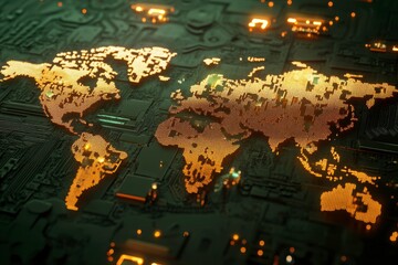 Poster - A digital map of the world illuminated in gold, set against a dark, circuit-like background, symbolizing technology and connectivity.