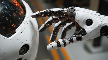 Poster - robotic hand displayed in front of a modern car showcasing technology and innovation in automotive i