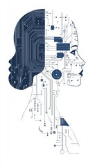 Poster - Human Face Outline Intertwined With Digital Circuitry Graphic, Technology Concept Blue