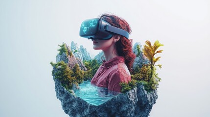 Poster - Woman using virtual reality headset in modern indoor setting engaging with digital technology
