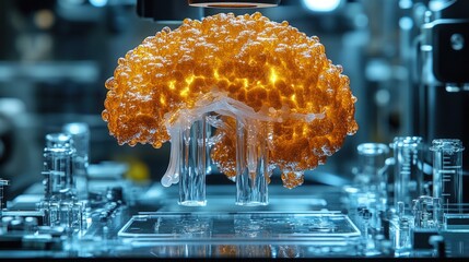 Poster - Model of a human brain displayed on a table with anatomical details and educational context