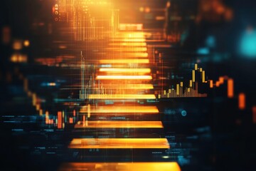 Poster - A vibrant digital representation of a financial chart, featuring glowing lines and bars against a dark backdrop, symbolizing market trends and data analysis.