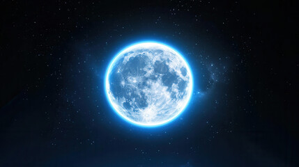 Wall Mural - Celestial Blue Moon: A mesmerizing full moon, glowing with an ethereal blue light, hangs serenely in the inky blackness of space, surrounded by a scattering of distant stars.