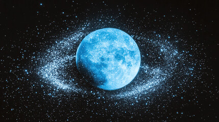 Wall Mural - Celestial Blue Moon: A mesmerizing full moon, rendered in a captivating shade of blue, is encircled by a swirling galaxy of stardust, creating a breathtaking cosmic scene. 