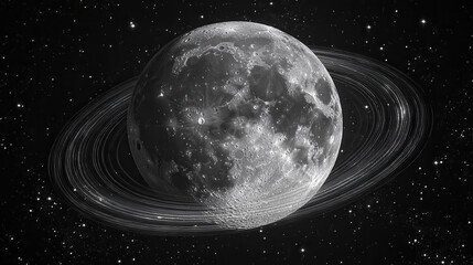 Wall Mural - Lunar Rings: A mesmerizing grayscale image depicting a celestial body resembling the moon, adorned with ethereal rings reminiscent of Saturn, set against a backdrop of distant stars.