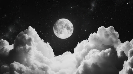 Wall Mural - Full Moon Night Sky: A breathtaking full moon radiates its ethereal glow amidst a sea of fluffy clouds, creating a serene and mystical nightscape under a star-studded sky. 