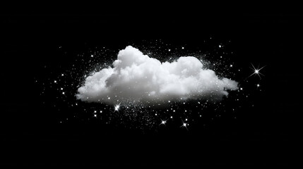 Wall Mural - Cosmic Cloud: A single, fluffy white cloud floats serenely against a deep black background, surrounded by a captivating constellation of glittering stars. The cloud appears ethereal.