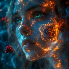 Poster - Surreal woman skeletal halfface green eyes brown hair flowing like smoke surrounded by blue and red neon lights in flame shapes fractal rose by her side set in a cosmic void dream sequence