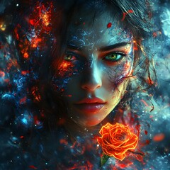 Wall Mural - Surreal woman skeletal halfface green eyes brown hair flowing like smoke surrounded by blue and red neon lights in flame shapes fractal rose by her side set in a cosmic void dream sequence