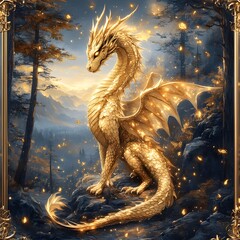 Poster - Majestic golden dragon diagonal across the frame shimmers with glowing edges on its wings Magical sparkles fill the air while a dark enchanted forest sets a mystical atmosphere in the background