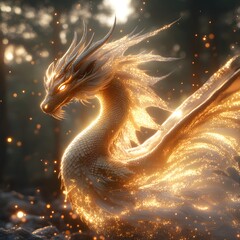 Fototapete - Majestic golden dragon diagonal across the frame shimmers with glowing edges on its wings Magical sparkles fill the air while a dark enchanted forest sets a mystical atmosphere in the background