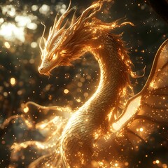 Poster - Majestic golden dragon diagonal across the frame shimmers with glowing edges on its wings Magical sparkles fill the air while a dark enchanted forest sets a mystical atmosphere in the background