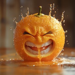Poster - Orange squeezed in a vise displays a painful expression as juice drips from its eyes nose and mouth Photorealistic textures highlight the draining liquid into a glass below