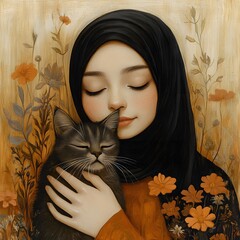 Poster - Warmtoned art of Muslim girl and her cat hugging rendered in distorted shapes woodtextured forms blending into abstract foliage minimal flat shading with soft muted brown and beige hues