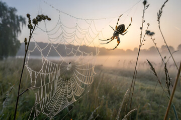 Wall Mural - A spider weaves an intricate web in a dark corner, creating a perfect Halloween ambiance. spider on the weaves. A macro shot of a spider web covered in morning dew.