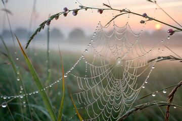 Wall Mural - A spider weaves an intricate web in a dark corner, creating a perfect Halloween ambiance. spider on the weaves. A macro shot of a spider web covered in morning dew.