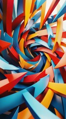 Poster - A vibrant, swirling pattern of colorful, sharp-edged shapes in red, blue, and yellow, creating a dynamic sense of movement and depth.