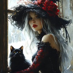 Poster - a large hat of flowers a gothic witch gazes through a window her silver hair flowing she wears a str