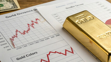 Wall Mural - A gold bar rests beside financial charts and a dollar bill, highlighting trends in gold prices and investment opportunities.