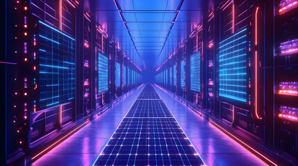 Poster - Neon-lit futuristic corridor with glowing blue and pink panels.  A vibrant, sci-fi server room or data center interior. Sleek, modern design.