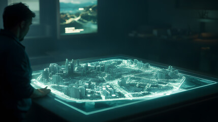 Aufkleber - A man examines a futuristic, glowing city model displayed on a large interactive table. The scene is dark and moody, highlighting the technological marvel.