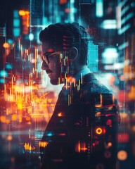 Poster - a profile of a man against a backdrop of digital interfaces and data visualizations, creating a futu
