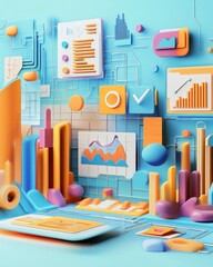 Poster - A colorful and abstract representation of data visualization with graphs, charts, and digital elements, set against a vibrant blue backdrop.