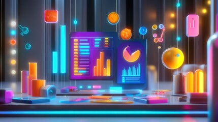 Poster - a vibrant digital workspace featuring colorful graphs, charts, and data visualizations on a computer