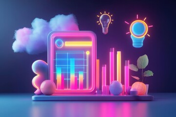 Poster - a vibrant digital scene showcasing glowing graphs, light bulbs, and abstract shapes, symbolizing cre