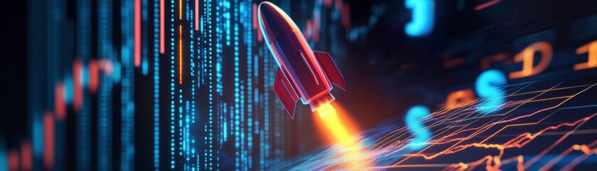 Poster - a rocket launches with data streams in the background, symbolizing technology, innovation, and digit
