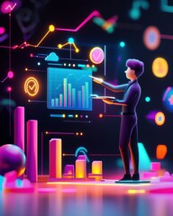 Poster - a digital visualization of a person interacting with colorful graphs and data on a futuristic interf