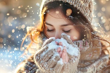 Wall Mural - A Woman Blowing Snow girl in a warm united scarf