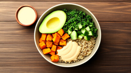 Wall Mural - A vibrant bowl of quinoa topped with roasted sweet potatoes, avocado, cucumber, kale, and a creamy dressing, served on a wooden table.