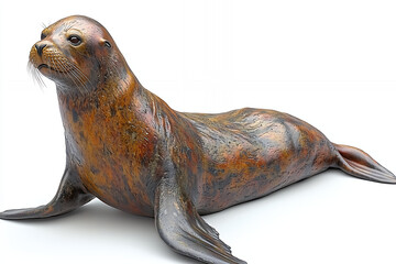 bronze-colored sea lion sculpture, resting pose, detailed texture.