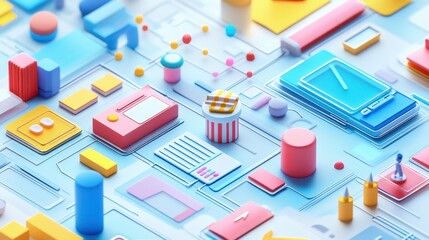Poster - a colorful, 3d digital illustration featuring various geometric shapes, icons, and objects represent