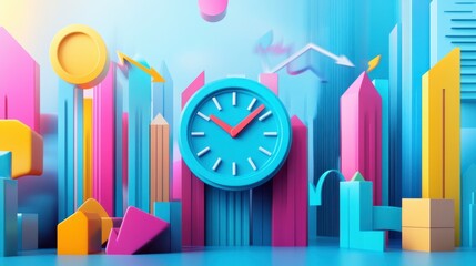 Poster - A vibrant, abstract cityscape featuring colorful geometric shapes and a prominent turquoise clock at its center.