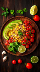 Wall Mural - A vibrant, healthy bowl featuring quinoa, cherry tomatoes, corn, avocado slices, lime, and fresh herbs, arranged beautifully on a wooden plate.