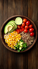 Wall Mural - A vibrant bowl of fresh ingredients including avocado, corn, tomatoes, quinoa, and lime, presented on a rustic wooden background.