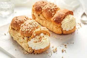 Two biscuit roll with cream on white background