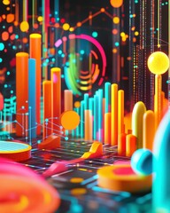 Poster - A vibrant, abstract representation of data visualization featuring colorful bars, circles, and patterns against a dark background.