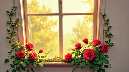 Poster - A window with a bunch of red roses in it. The roses are in a vase and are placed on the window sill