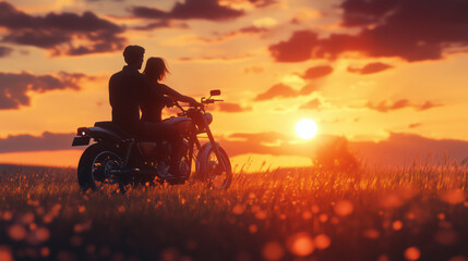 Young couple in leather jackets riding motorcycle outside city in sunset light