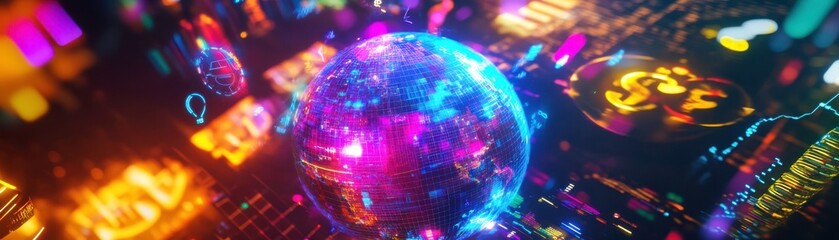 Poster - A vibrant, futuristic globe surrounded by colorful digital elements, showcasing a blend of technology and artistry in a captivating neon landscape.