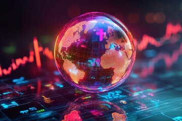 Poster - A vibrant globe illustrates global data trends, surrounded by digital graphs, symbolizing modern technology's impact on finance and analytics.