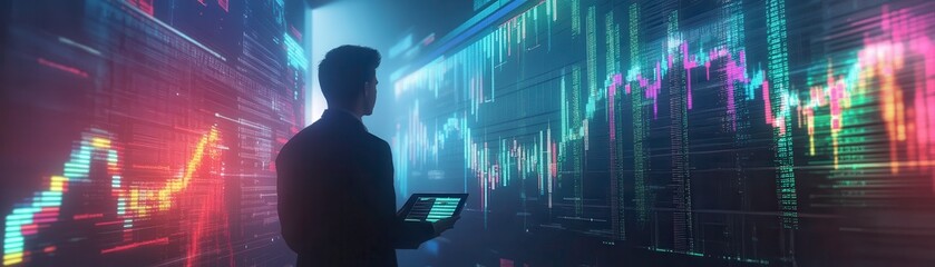 Poster - A person analyzes digital data on a tablet against vibrant, colorful financial graphs and charts in a high-tech environment.